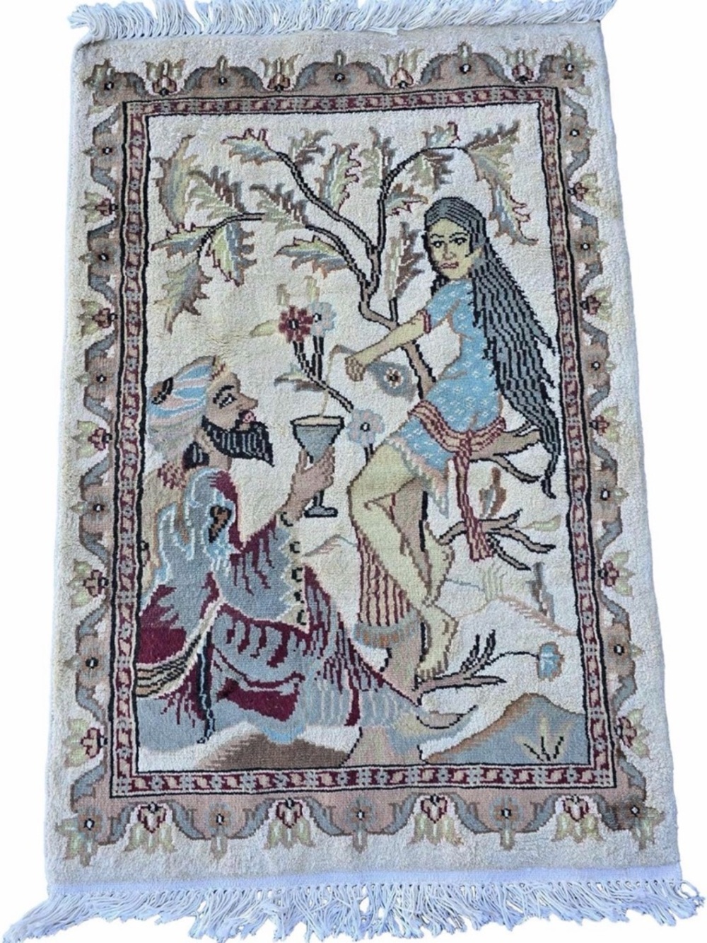 Umre Khayam Wall Pictorial Rectangle Hand-Knotted Rug Wool Silk (3by2.1ft)
